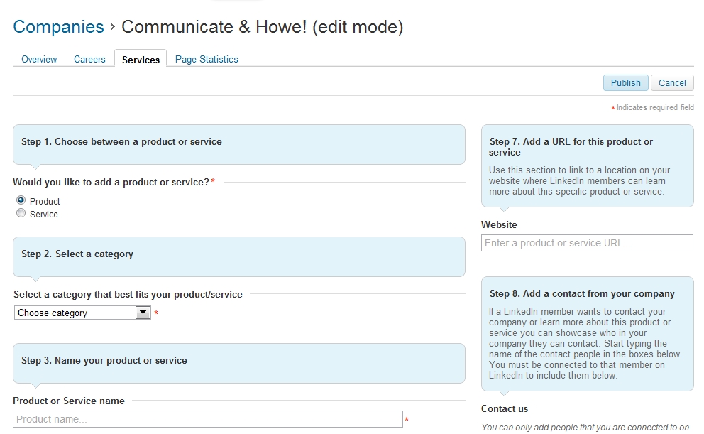 screen capture from LinkedIn to add product or service